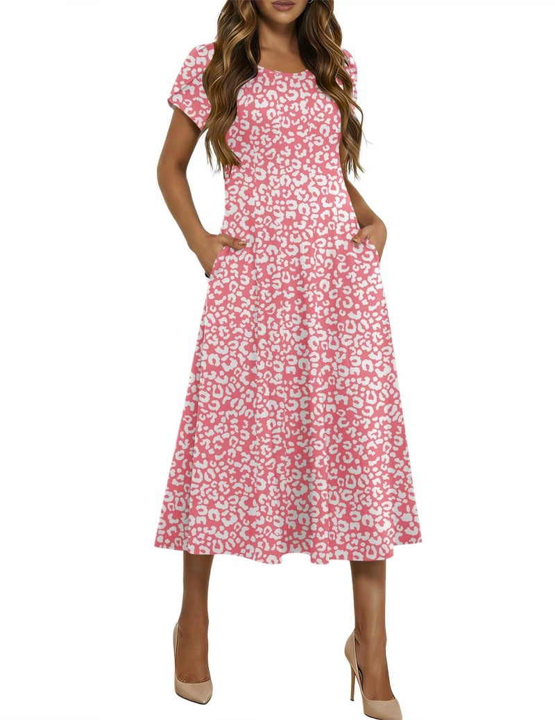 HOTOUCH Short Sleeve Dresses for Women 2026 Cotton Midi Dress Floal Long Dresses Womens Casual Flare Sundress Boho Dress, Pink Floral,M - Image 1