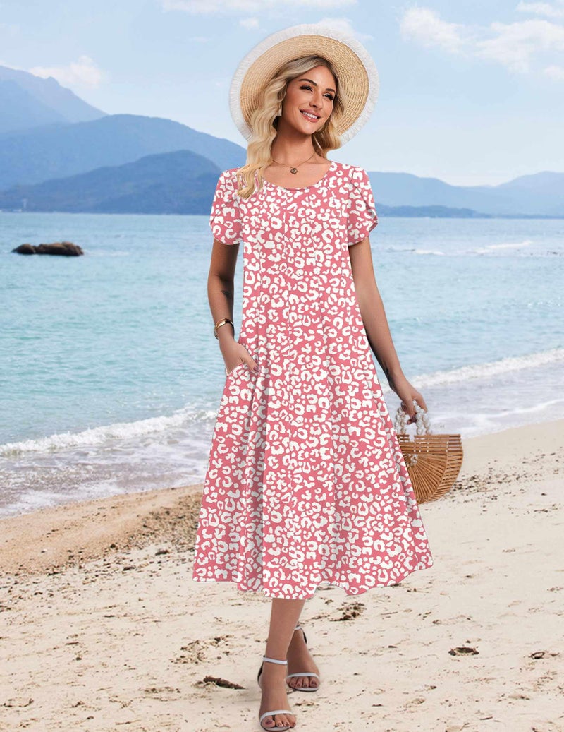 HOTOUCH Short Sleeve Dresses for Women 2026 Cotton Midi Dress Floal Long Dresses Womens Casual Flare Sundress Boho Dress, Pink Floral,M - Image 4