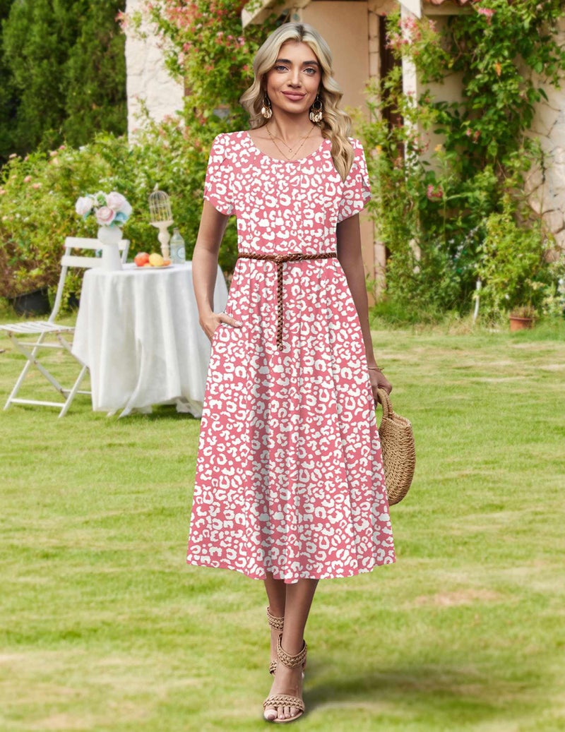 HOTOUCH Short Sleeve Dresses for Women 2026 Cotton Midi Dress Floal Long Dresses Womens Casual Flare Sundress Boho Dress, Pink Floral,M - Image 5