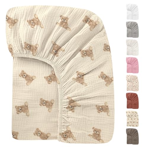 Knirose Premium Soft Cotton 52x28 Inches Muslin Crib Sheets Fitted Crib Mattress Sheet for Baby Girls & Boys, Soft Boho Neutral Toddler Bedding Bed Sheets Fits Well Standard Size Crib Mattress 28x52 Inches - Image 1