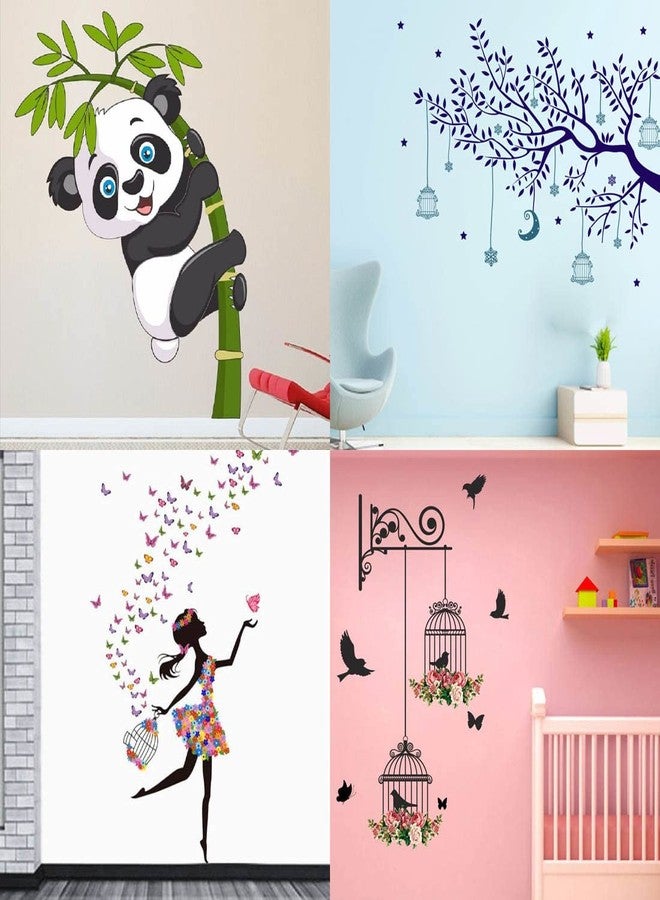 Merical PVC Vinyl Self-Adhesive Baby Panda, Blue Tree Moon, Dreamy Girl, Branches and Cages Wall Stickers for Living Room, Bedroom, Kids Room, Home & Office Decoration (Pack of 4) - Image 1