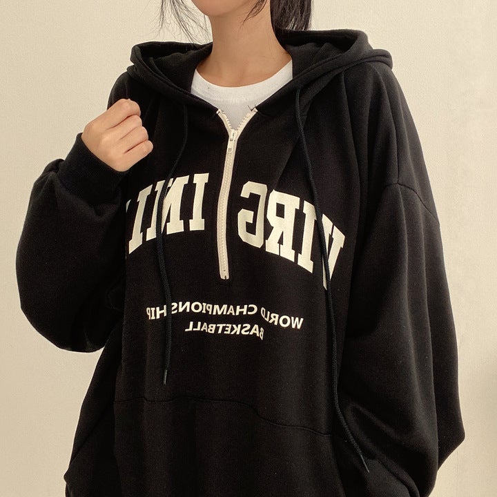 Womens Cotton Zip Hoodie Casual Korean Style for All Seasons 83 black plus Velvet 