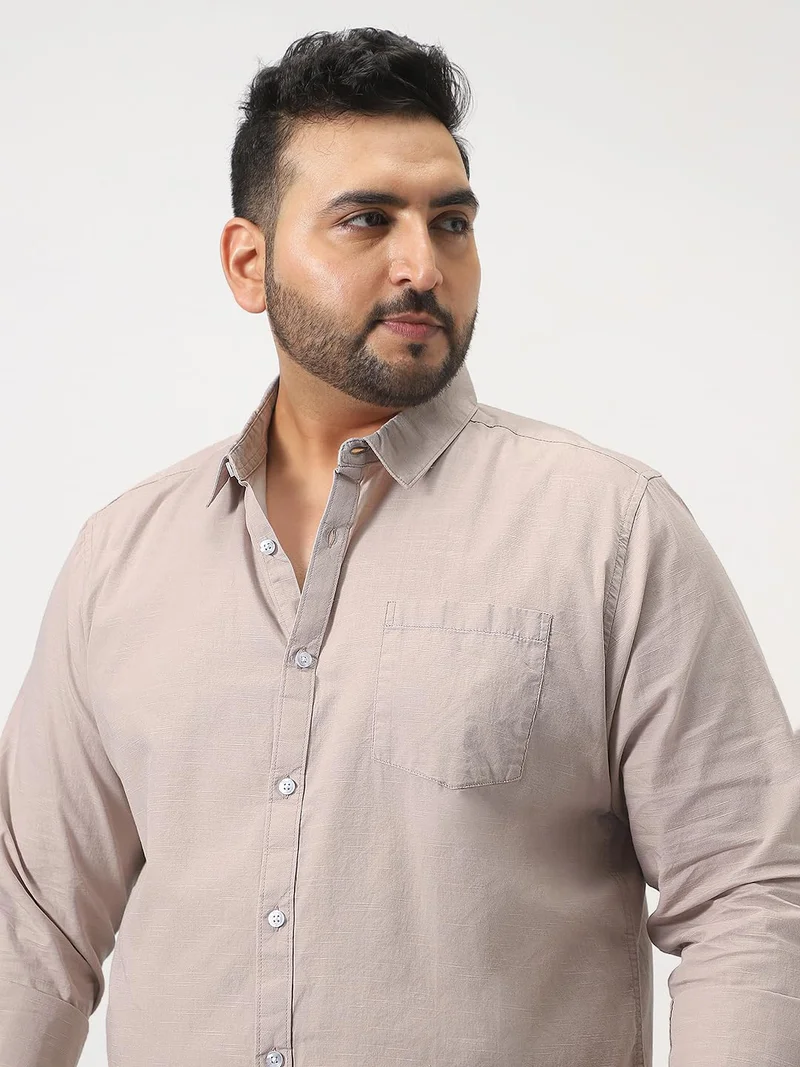 Urbano Fashion  Urbano Plus Men's Brown Cotton Full Sleeve Regular Fit Casual Solid Slub Shirt with Spread Collar  | Best Price UAE