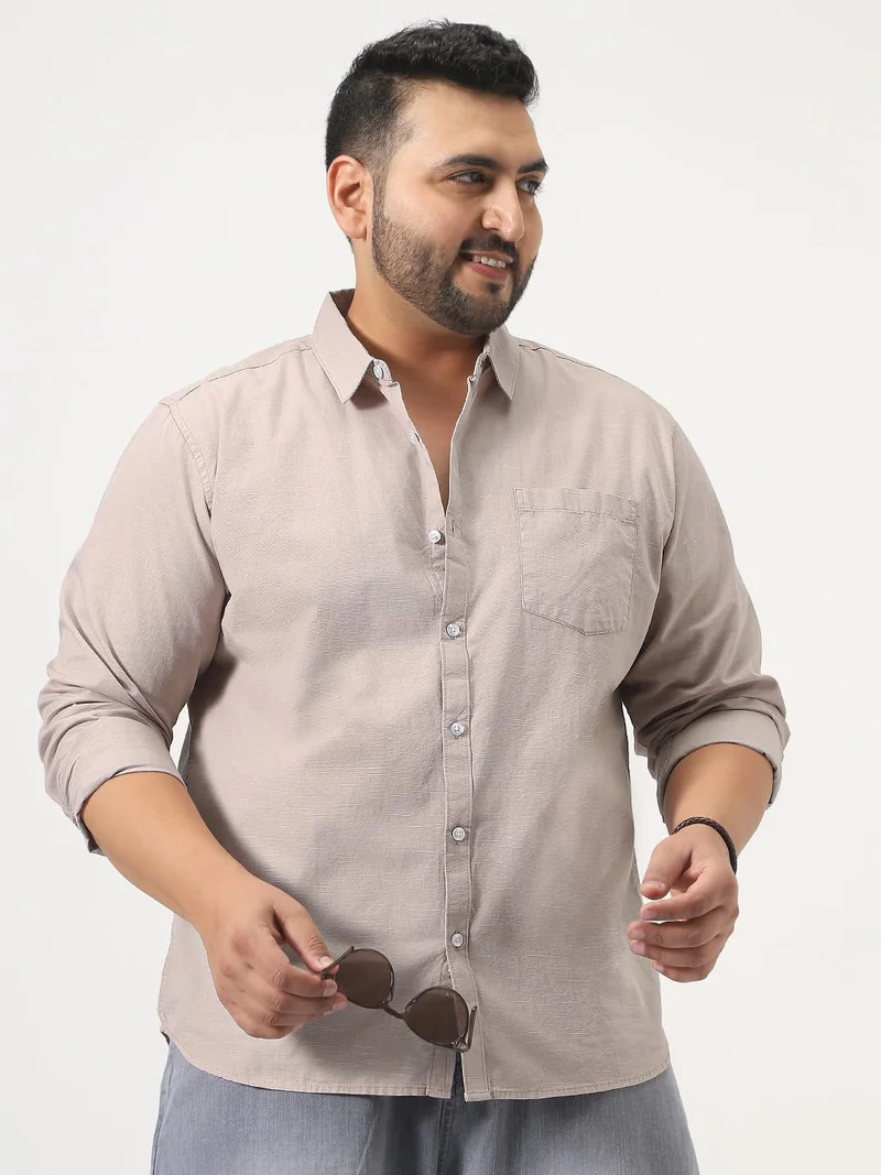 Urbano Fashion  Urbano Plus Men's Brown Cotton Full Sleeve Regular Fit Casual Solid Slub Shirt with Spread Collar  | Best Price UAE
