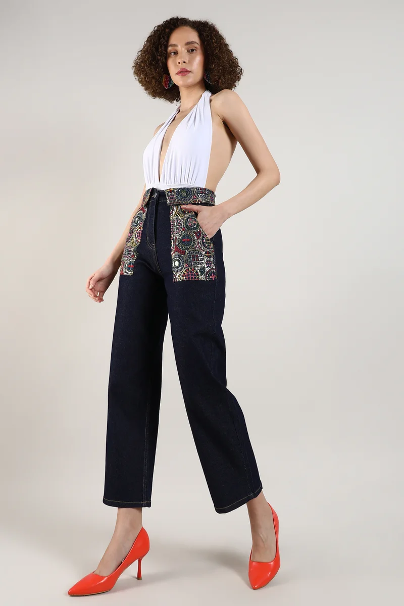 Campus Sutra Women's Dark Blue Embroidered Patch Denim Jeans