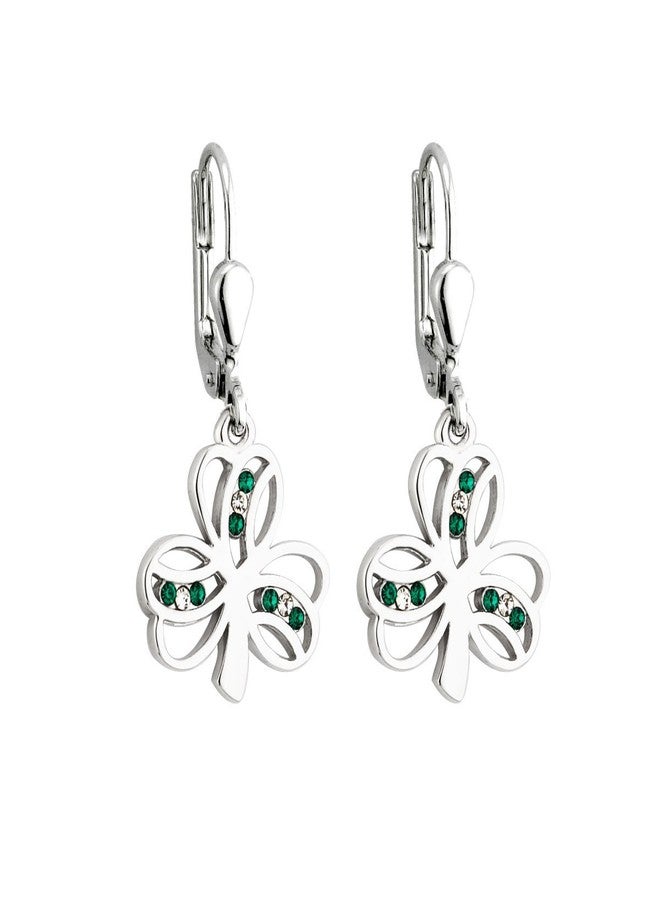 Solvar Shamrock Earrings Rhodium Plated &Green Crystal Drops Irish Made by - Image 1