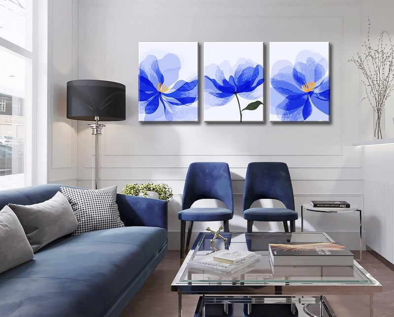 DJSYLIFE Blue Flower Canvas Wall Art - 3 Panels - Image 2