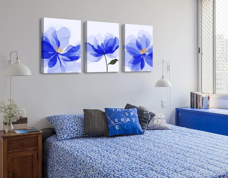 DJSYLIFE Blue Flower Canvas Wall Art - 3 Panels - Image 3