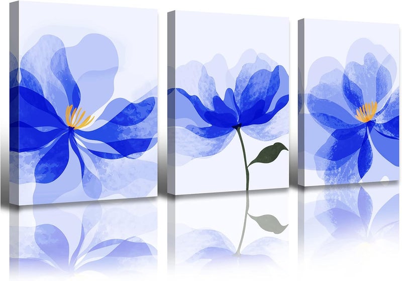 DJSYLIFE Blue Flower Canvas Wall Art - 3 Panels - Image 1