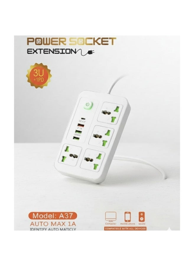 Power Socket Extension with 3 USB + 1 PD Ports, 2m Cable, Model A37 - Image 2