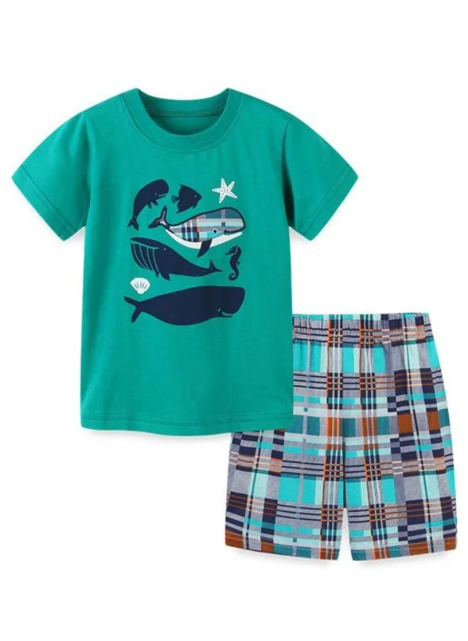 يونيكي Green Crew Neck Short Sleeve Printed Tshirt & Shorts