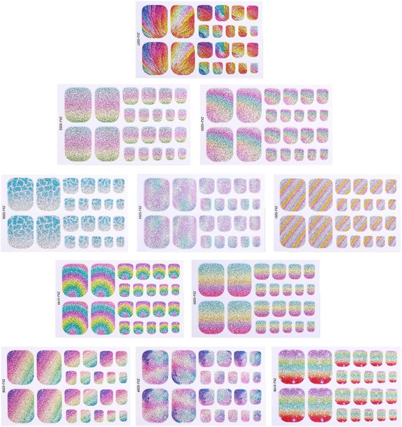 11pcs Waterproof Glitter Rainbow Toe Nail Stickers, Self-Adhesive Manicure Toe Nail Art Wraps for Women’s DIY Pedicure, Party and Vacation Use - Image 1