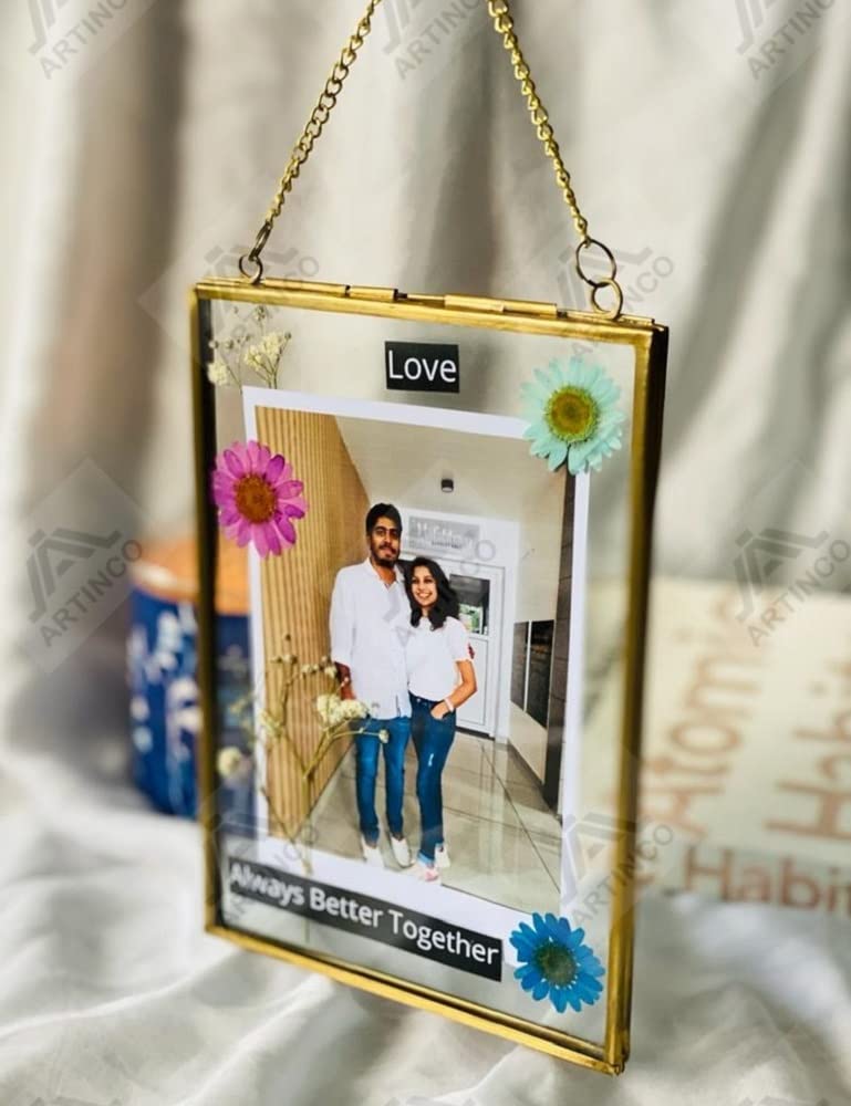 ARTINCO Art India Collections Hanging Brass Glass Rectangular Photo Frame For Dried Flowers, Pressed Flowers, Poster, Double Glass Frame, Glass Frames For Wall Décor 5x7 Inches - Image 1