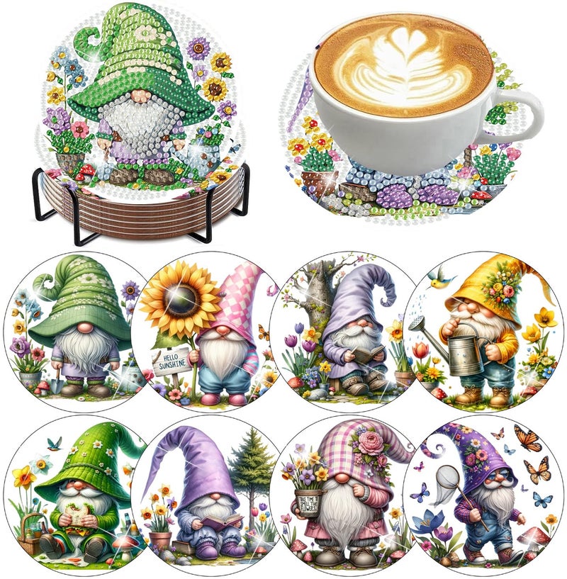 mrpwnle 8 Pack Diamond Art Coasters Kits, Gnomes Diamond Painting Coasters Kit Set with Holder Cork Pads, DIY Gnome Diamonds Art Non Slip Coaster Crafts Kits for Adults Beginners Gifts - Image 1