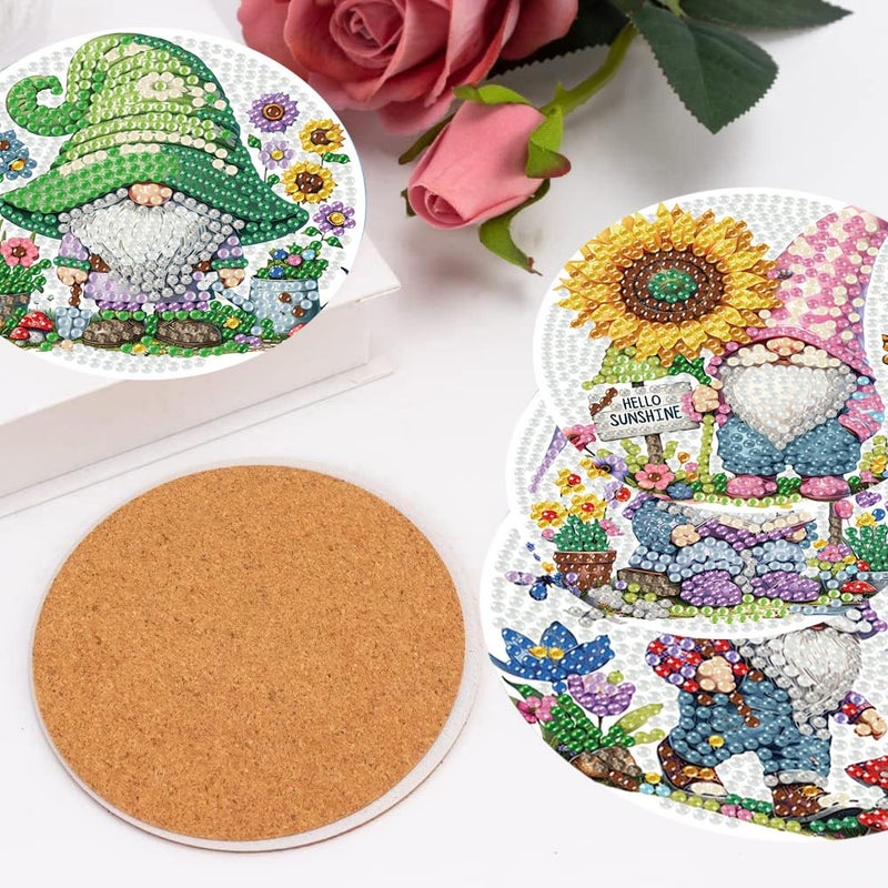 mrpwnle 8 Pack Diamond Art Coasters Kits, Gnomes Diamond Painting Coasters Kit Set with Holder Cork Pads, DIY Gnome Diamonds Art Non Slip Coaster Crafts Kits for Adults Beginners Gifts - Image 4