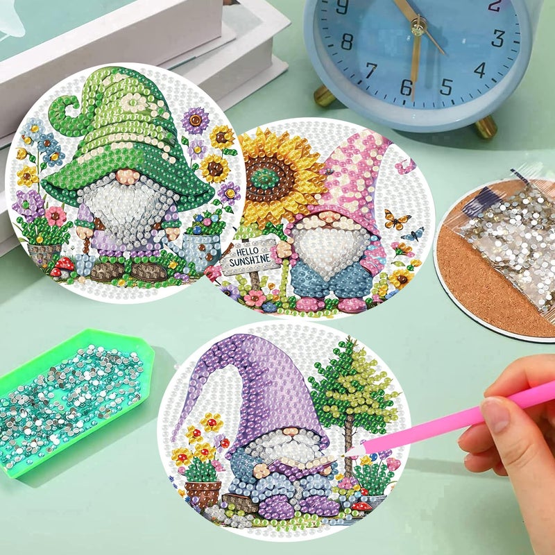 mrpwnle 8 Pack Diamond Art Coasters Kits, Gnomes Diamond Painting Coasters Kit Set with Holder Cork Pads, DIY Gnome Diamonds Art Non Slip Coaster Crafts Kits for Adults Beginners Gifts - Image 3