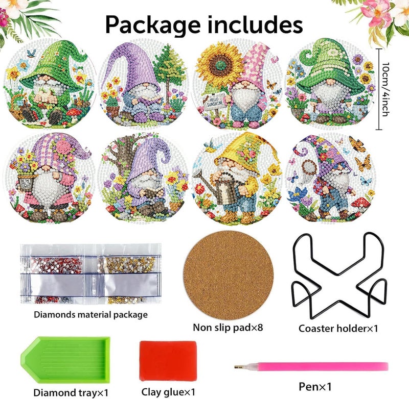 mrpwnle 8 Pack Diamond Art Coasters Kits, Gnomes Diamond Painting Coasters Kit Set with Holder Cork Pads, DIY Gnome Diamonds Art Non Slip Coaster Crafts Kits for Adults Beginners Gifts - Image 5