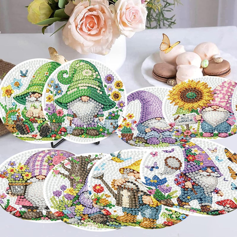mrpwnle 8 Pack Diamond Art Coasters Kits, Gnomes Diamond Painting Coasters Kit Set with Holder Cork Pads, DIY Gnome Diamonds Art Non Slip Coaster Crafts Kits for Adults Beginners Gifts - Image 2