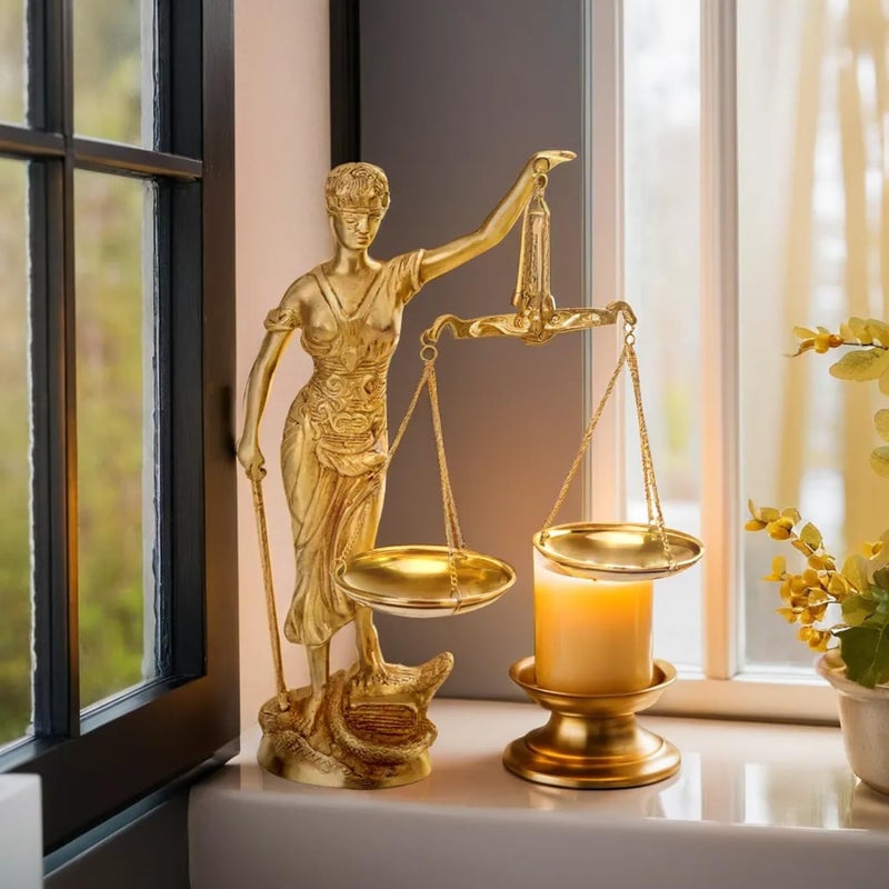 Kartique تمثال العدالة النحاسي للسيدة مع الميزان أندها قانون السيدة المعصوبة العينين حاملة السيف ديكور لمكاتب المحاماة وقاعات المحكمة للمحامين والقضاة باللون الذهبي ارتفاع 9 بوصات - Image 2