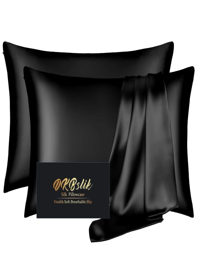 DKBslik Silk Pillow Cases 2 Pack, Mulberry Silk Pillowcases Standard Set of 2, Smooth, Anti Acne, Both Sides Natural Silk Satin Pillow Cases for Sleeping Women 2 Pack with Zipper, Black - Image 1