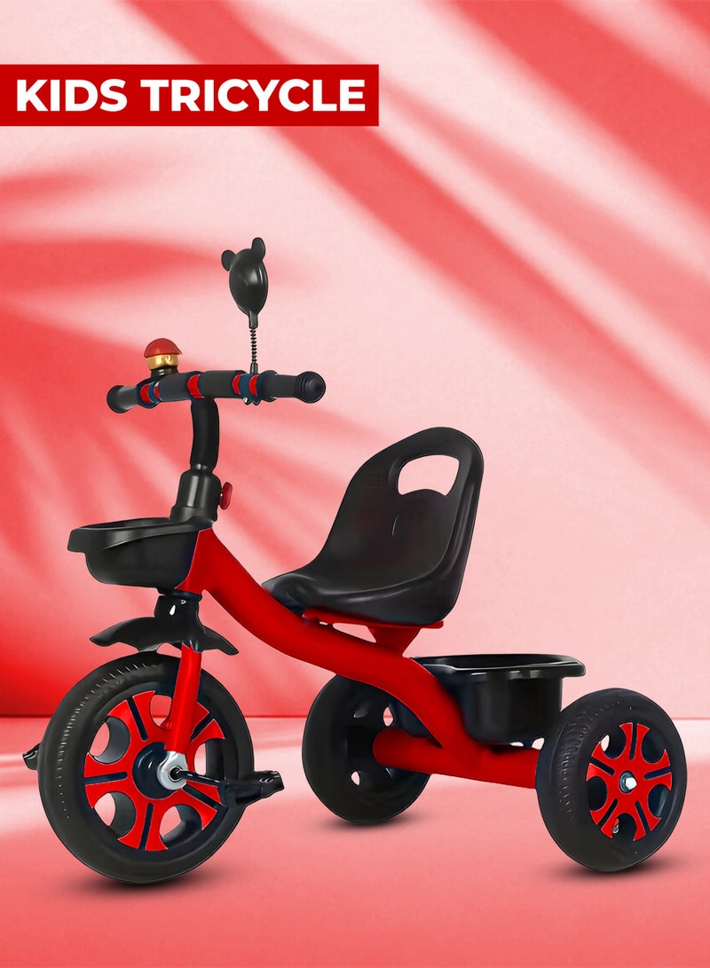ماركيدون دراجة ثلاثية العجلات للأطفال مع مقبض دفع - مقعد ومسند ظهر قابلان للتعديل - دراجة ثلاثية العجلات للأطفال مع عجلات EVA وصينية تخزين - دراجة ثلاثية العجلات للأطفال الصغار من سن 3 إلى 8 سنوات - دراجة ثلاثية العجلات للأطفال باللونين الأسود والأحمر - Image 1