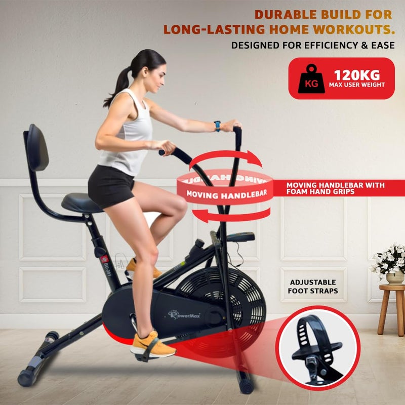 PowerMax Fitness BA-151 Air Bike with 1.5kg Fly Wheel, Moving Handles, Adjustable Seat | Home Gym Exercise Cycle for 120kg Max User | V-Belt Drive, Non-Slip Pedals | LCD Display - Image 5