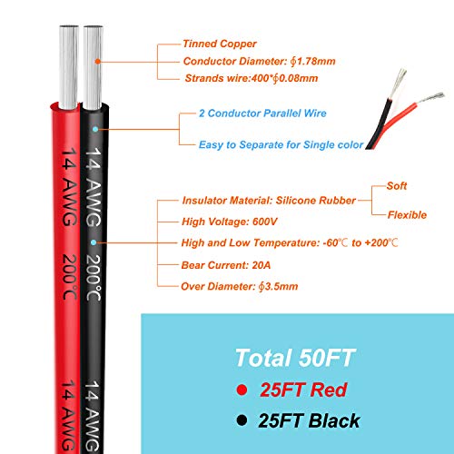Haerkn 14 awg Silicone Electrical Wire 2 Conductor Parallel Wire line 50ft [Black 25ft Red 25ft] 14 Gauge Soft and Flexible Hook Up Oxygen Free Strands Tinned Copper Wire - Image 2