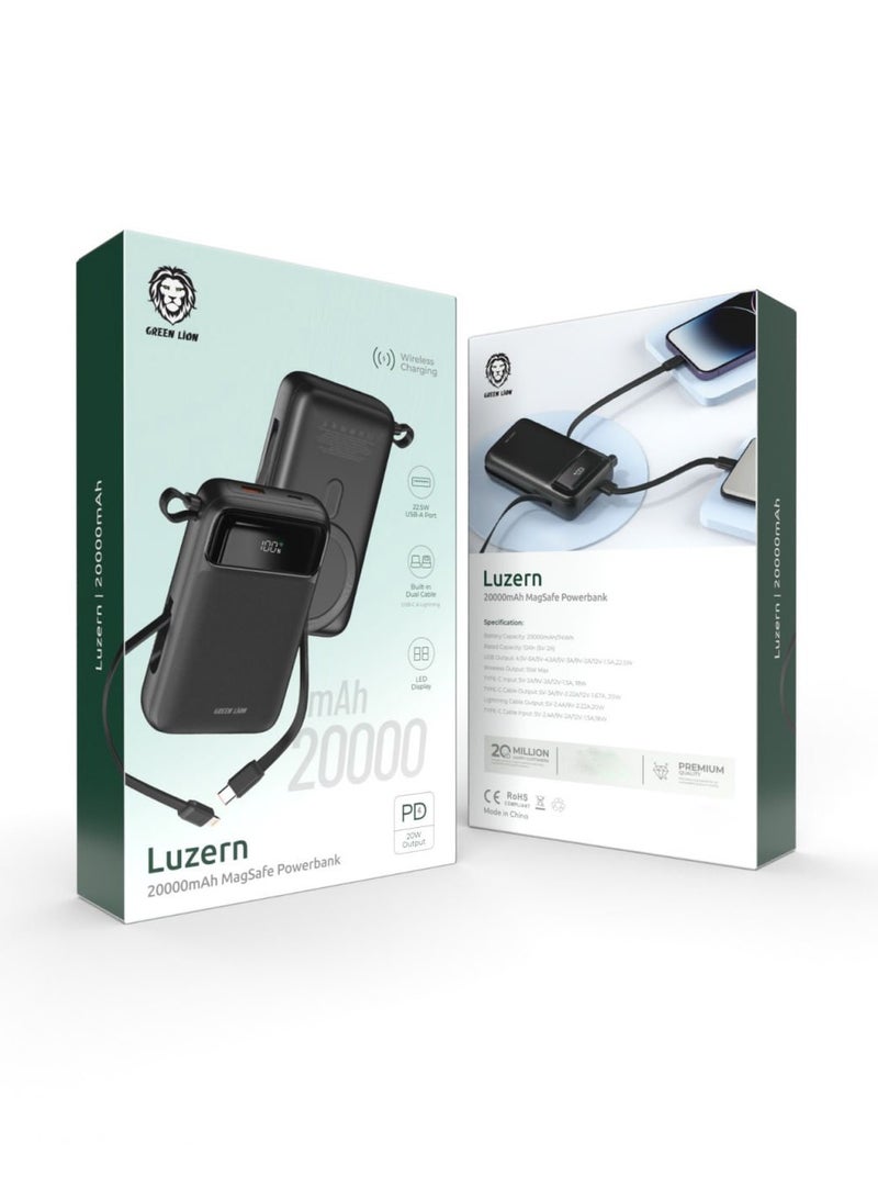 GREEN LION Luzern 20000 mAh MagSafe Power Bank / 20W PD Output / 22.5W USB-A Port / 20000mAh Wireless Charger Powerbank / LED Display / 15W Max Wireless Output / Built-in Dual Cable USB-C & Lightning - Black - Image 3