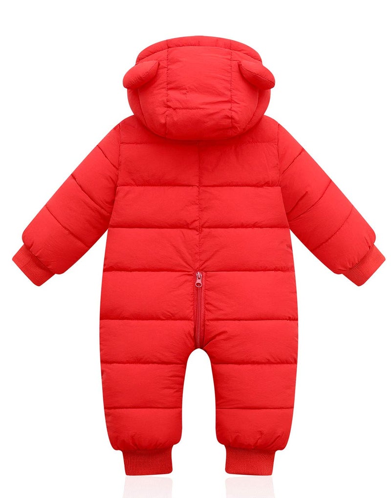 Happy Cherry Baby Toddler All in One Down Snowsuit Warm Hoodie Romper Winter Down Jacket Zipper Long Sleeve Jumpsuit Puffer Jacket for Boys Girls 12-18 Months Red - Image 2