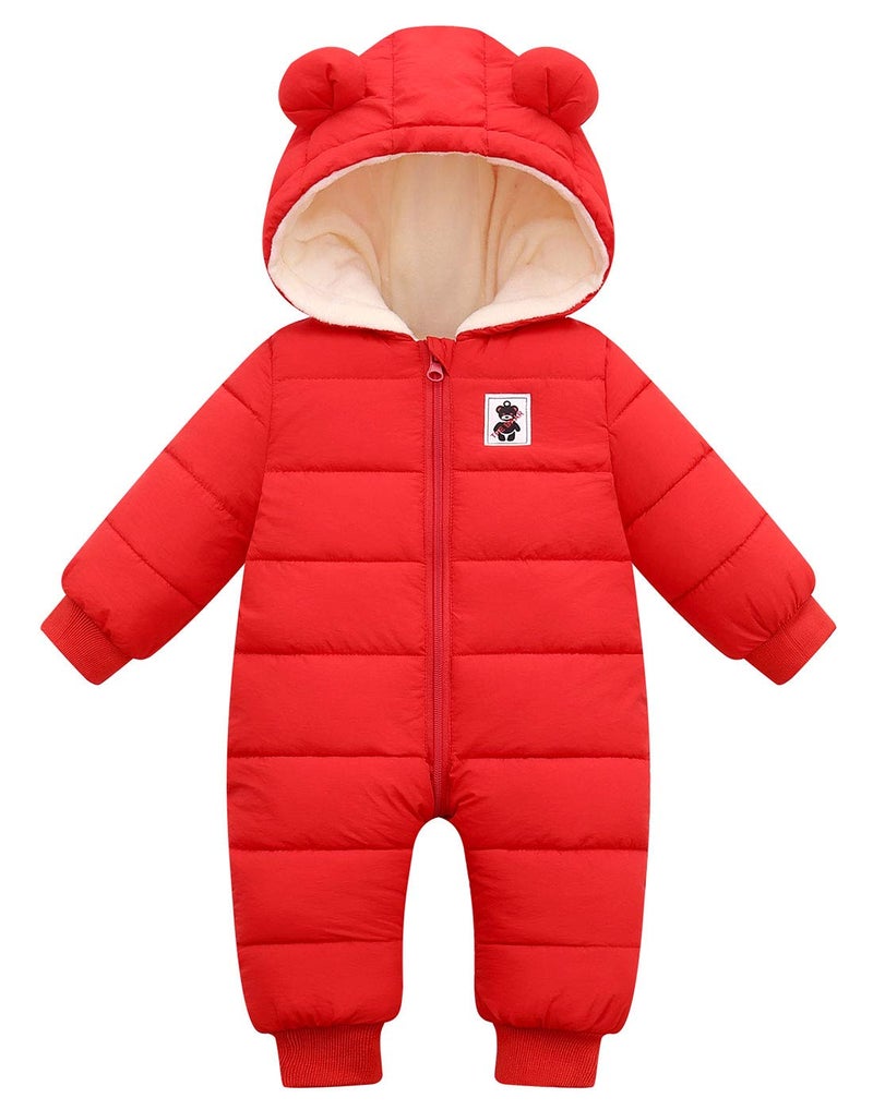 Happy Cherry Baby Toddler All in One Down Snowsuit Warm Hoodie Romper Winter Down Jacket Zipper Long Sleeve Jumpsuit Puffer Jacket for Boys Girls 12-18 Months Red - Image 1