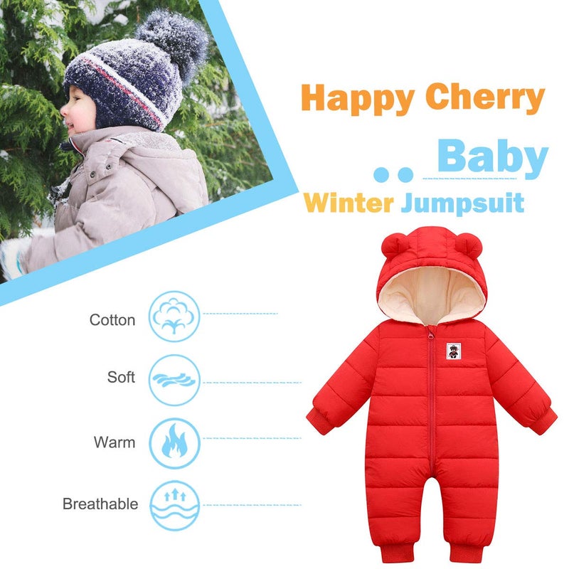 Happy Cherry Baby Toddler All in One Down Snowsuit Warm Hoodie Romper Winter Down Jacket Zipper Long Sleeve Jumpsuit Puffer Jacket for Boys Girls 12-18 Months Red - Image 3