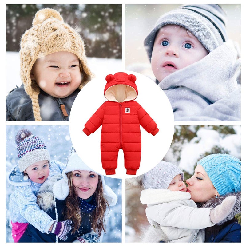Happy Cherry Baby Toddler All in One Down Snowsuit Warm Hoodie Romper Winter Down Jacket Zipper Long Sleeve Jumpsuit Puffer Jacket for Boys Girls 12-18 Months Red - Image 4