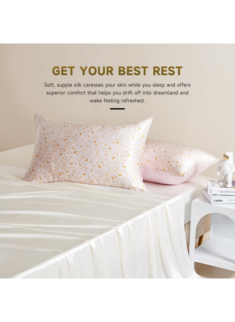 THXSILK Natural Mulberry Silk Pillowcase for Hair and Skin  6A+ Grade Mulberry Silk Pillow Case Standard Size  Real Silk Pillowcase with Concealed Zipper(Peachy Beige Constellation Pattern  Standard)