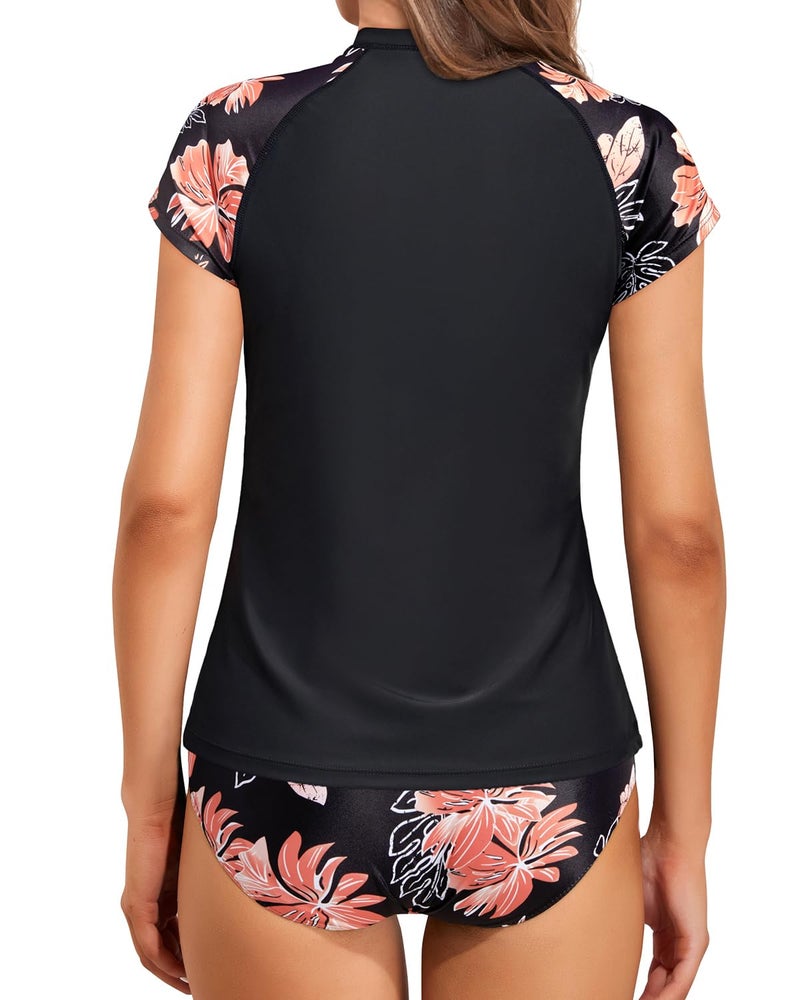 Holipick Black and Flowers Two Piece Short Sleeved Rash Guard Cap Sleeve Bathing Suit Zipper Swimsuit Bulid in Bra Swim Shirt Women M - Image 2