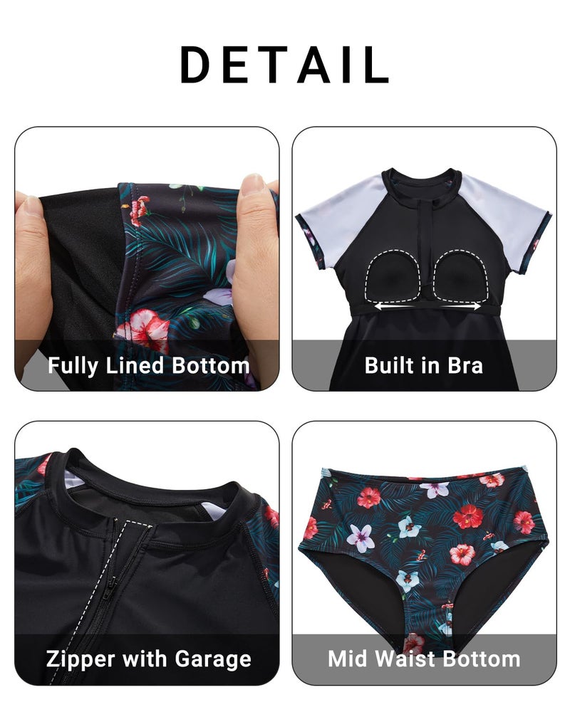 Holipick Black and Flowers Two Piece Short Sleeved Rash Guard Cap Sleeve Bathing Suit Zipper Swimsuit Bulid in Bra Swim Shirt Women M - Image 4