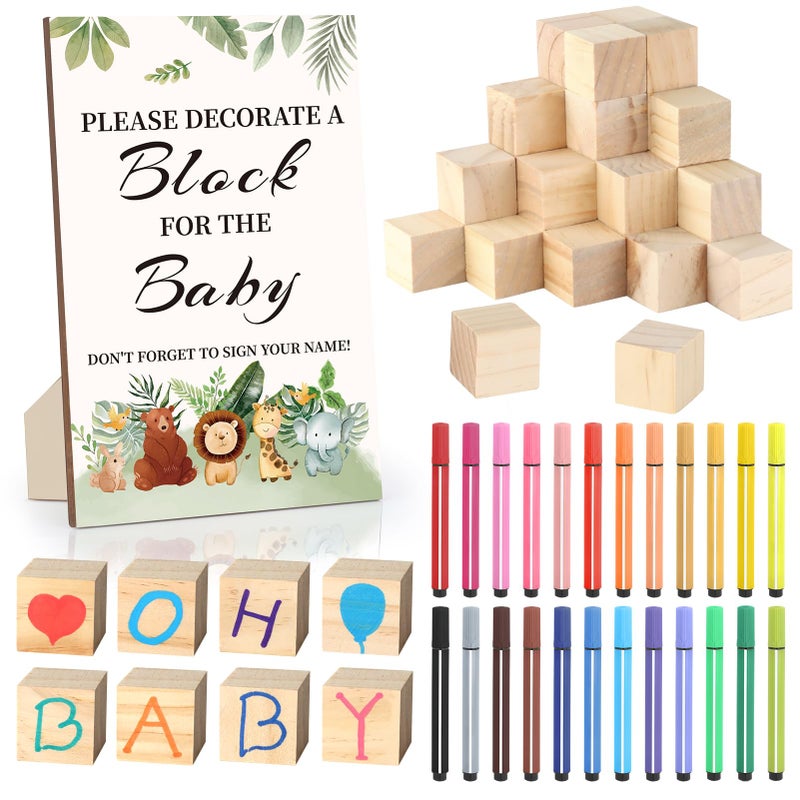 wookidel Baby Shower Games Sign Kit with 50 Blank Wooden Baby Blocks 24 Acrylic Paint Marker and Wooden Sign Blocks for Baby Shower Games Gender Reveals PartyAnimal