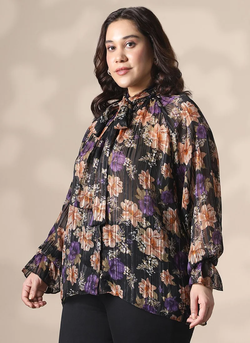 جلو باص بلوزة نسائية بنقشة زهور وتصميم ذاتي وأكمام راجلان ورباط عنق من جيوبلس