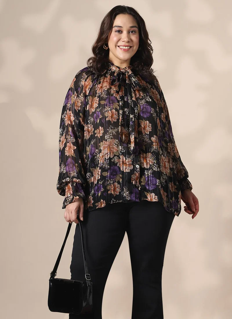 globus Globus Gloplus Women Black Tie-Up Neck Raglan Sleeves Self Design Floral Print Georgette Plus Size Shirt Style Top