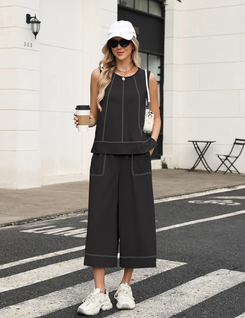 LOMON Two Piece Sets for Women Summer Outfits Lounge Sets Round Neck Tops Wide Leg Crop Pants Vacation Travel(Black,S) - Image 3