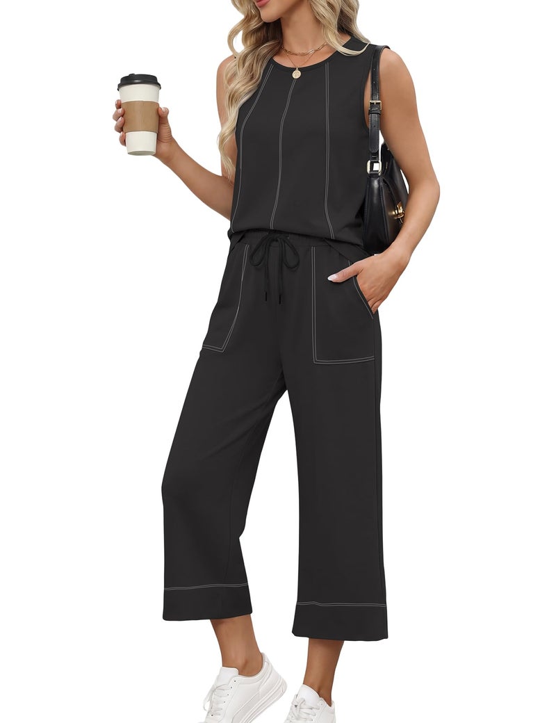 LOMON Two Piece Sets for Women Summer Outfits Lounge Sets Round Neck Tops Wide Leg Crop Pants Vacation Travel(Black,S) - Image 2