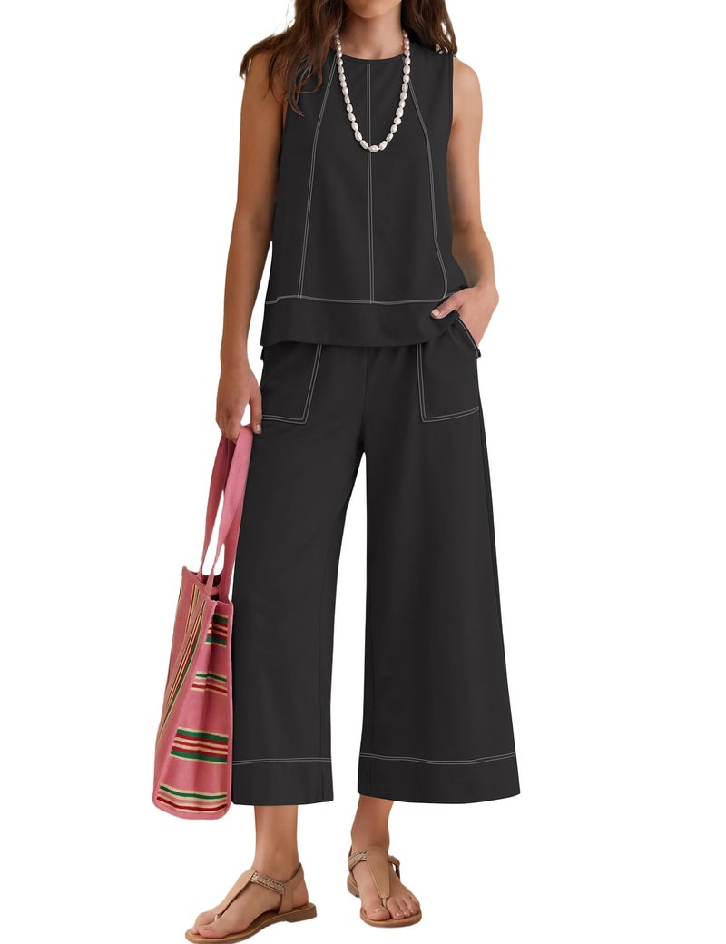 LOMON Two Piece Sets for Women Summer Outfits Lounge Sets Round Neck Tops Wide Leg Crop Pants Vacation Travel(Black,S) - Image 1