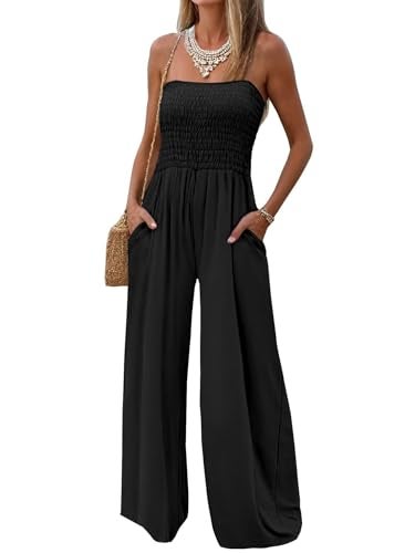 AUXDIO Black Strapless Jumpsuits for Women Casual Dressy Summer Prom Sleeveless Wide Leg Pant Romper with Pockets Black S - Image 1