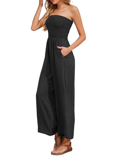 AUXDIO Black Strapless Jumpsuits for Women Casual Dressy Summer Prom Sleeveless Wide Leg Pant Romper with Pockets Black S - Image 2