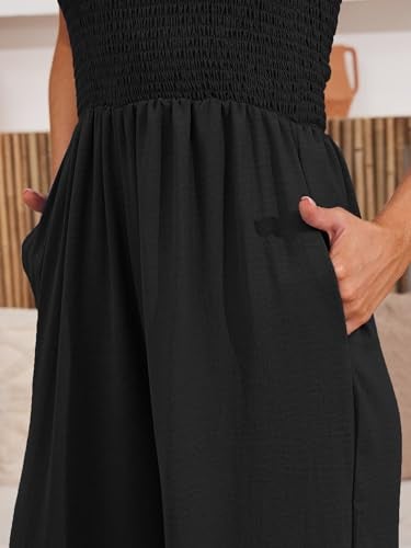 AUXDIO Black Strapless Jumpsuits for Women Casual Dressy Summer Prom Sleeveless Wide Leg Pant Romper with Pockets Black S - Image 5