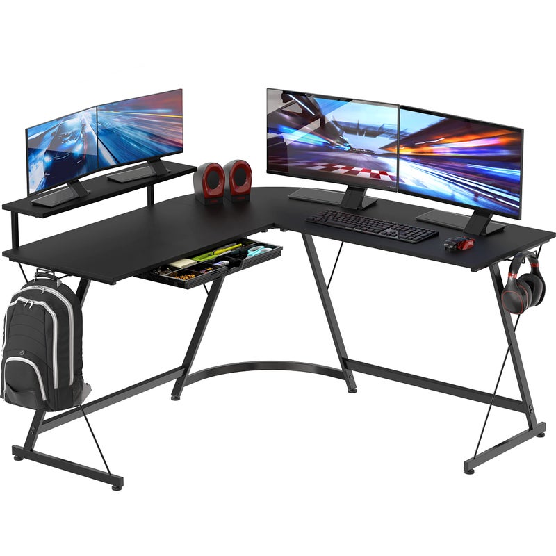 SHW 51 x 51 Inches Vista LShaped Desk with Monitor Stand and Drawer Black