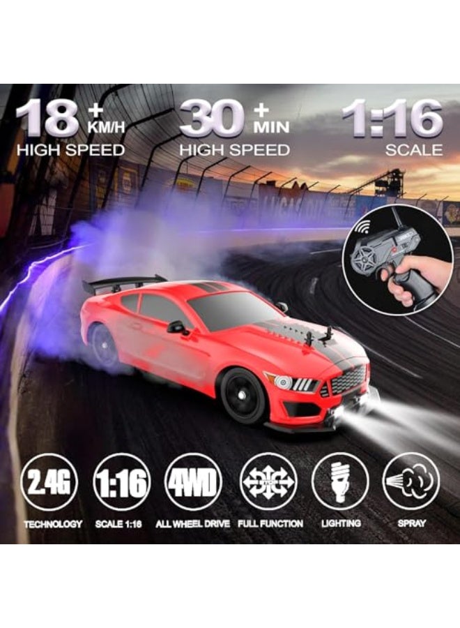 Remote Control Car RC Drift Car 1:16 Scale 4WD 18KM/H High Speed Model Vehicle 2.4GHz with LED Lights Spray Rubber Tire Racing Sport Toy for Adults Boys Girls Kids Gift 2Pcs Rechargeable Batteries - Image 2