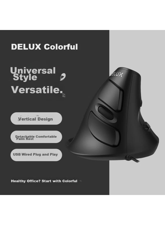 Delux M618 Ergonomic Vertical Mouse, Wired Mouse, Silent Office Mouse For Computer And Laptop, Portable With Detachable Palm Rest - Image 1