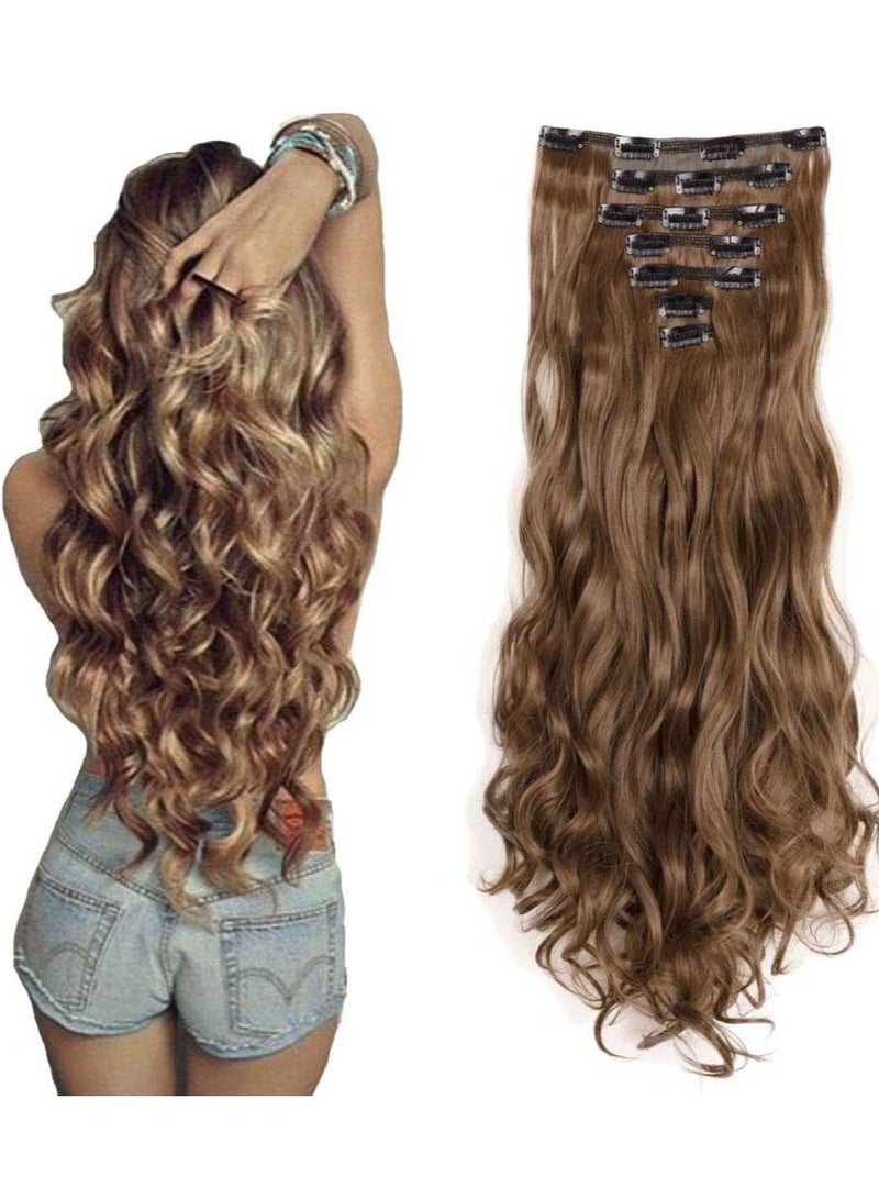 إستيل 7 قطع 16 مشابك 24 بوصة سميكة مجعد مستقيم كامل الرأس كليب في لحمة مزدوجة الشعر البني الفاتح - Image 1