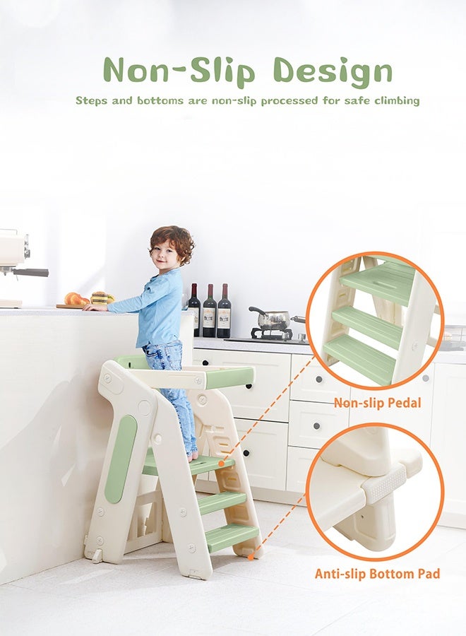 XiuWoo 4-in-1 Convertible Toddler Tower & Step Stool - Adjustable Height Learning Tower with Safety Rail & Removable Tray | Foldable Design for Kitchen Counter, Bathroom Sink (Green) - Image 5