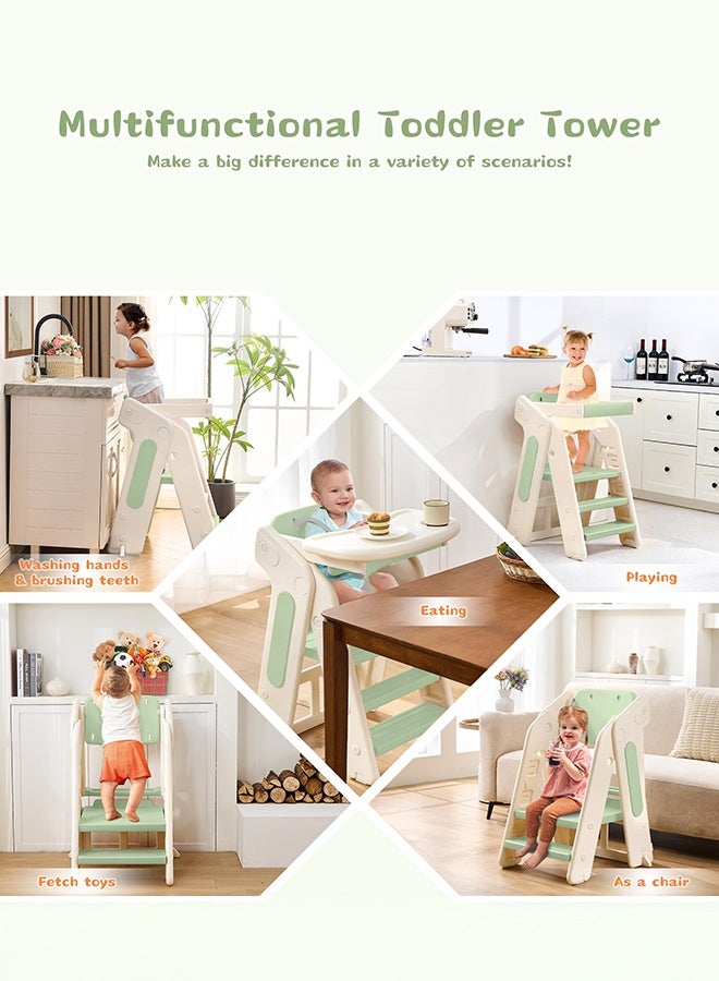 XiuWoo 4-in-1 Convertible Toddler Tower & Step Stool - Adjustable Height Learning Tower with Safety Rail & Removable Tray | Foldable Design for Kitchen Counter, Bathroom Sink (Green) - Image 4
